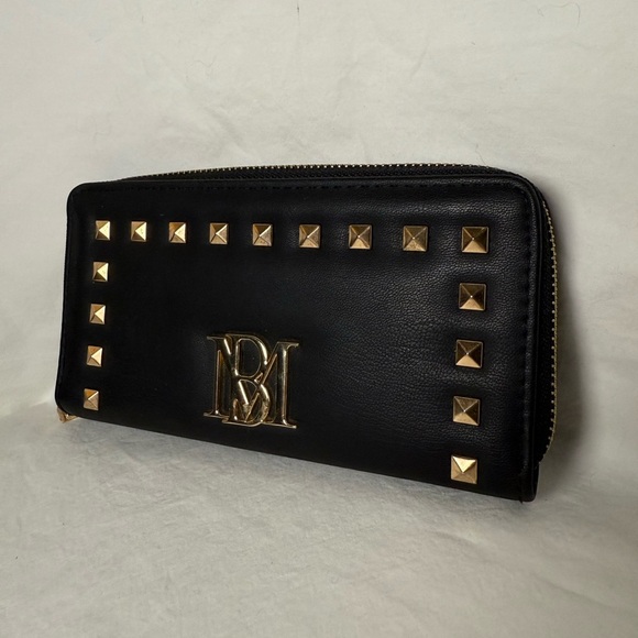 Badgley Mischka Black Faux Leather with Gold Studs Zipper Wallet - Picture 2 of 10